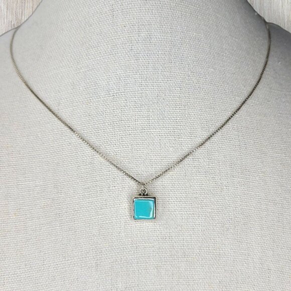 No details listed on item. Jewelry - Vintage Sterling Silver Square Turquoise Pendant Necklace Minimalist 19"